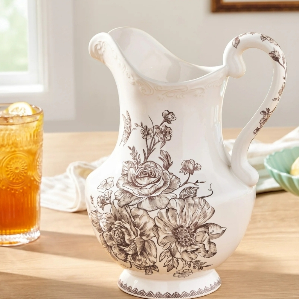 💕 2025 Pioneer Woman Agatha Brown Floral 2 Qt Pitcher
